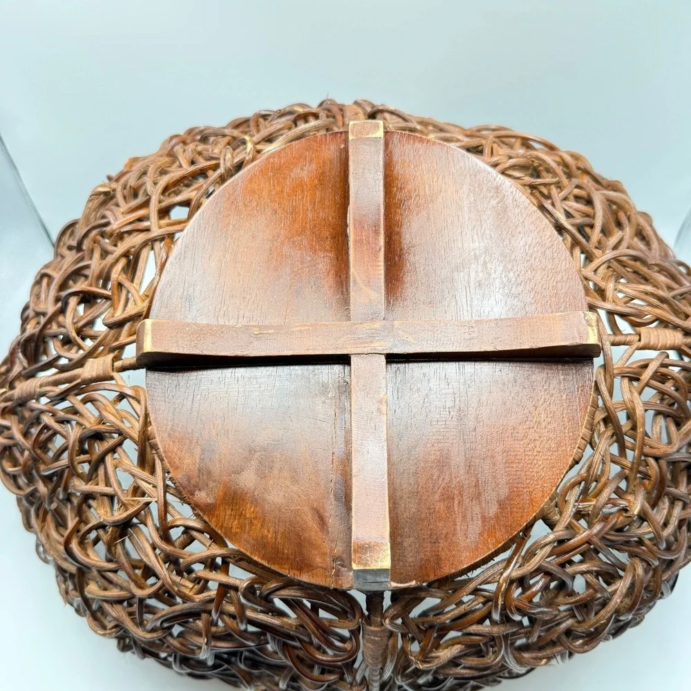 Vintage Sculptural Rattan Basket Bowl Wood Boho Organic Modern Centerpiece Decor